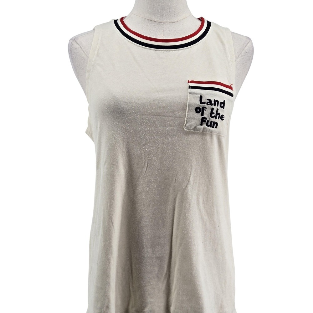Junk Food Tank Womens M White Ringer Land‎ Of The Fun Embroidered Pocket